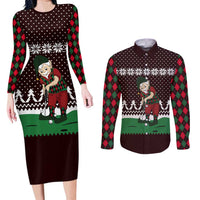 Christmas Golf Couples Matching Long Sleeve Bodycon Dress and Long Sleeve Button Shirt with Elf Golfer Argyle Plaid and Snowflake Pattern - Wonder Print Shop