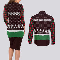 Christmas Golf Couples Matching Long Sleeve Bodycon Dress and Long Sleeve Button Shirt with Elf Golfer Argyle Plaid and Snowflake Pattern - Wonder Print Shop