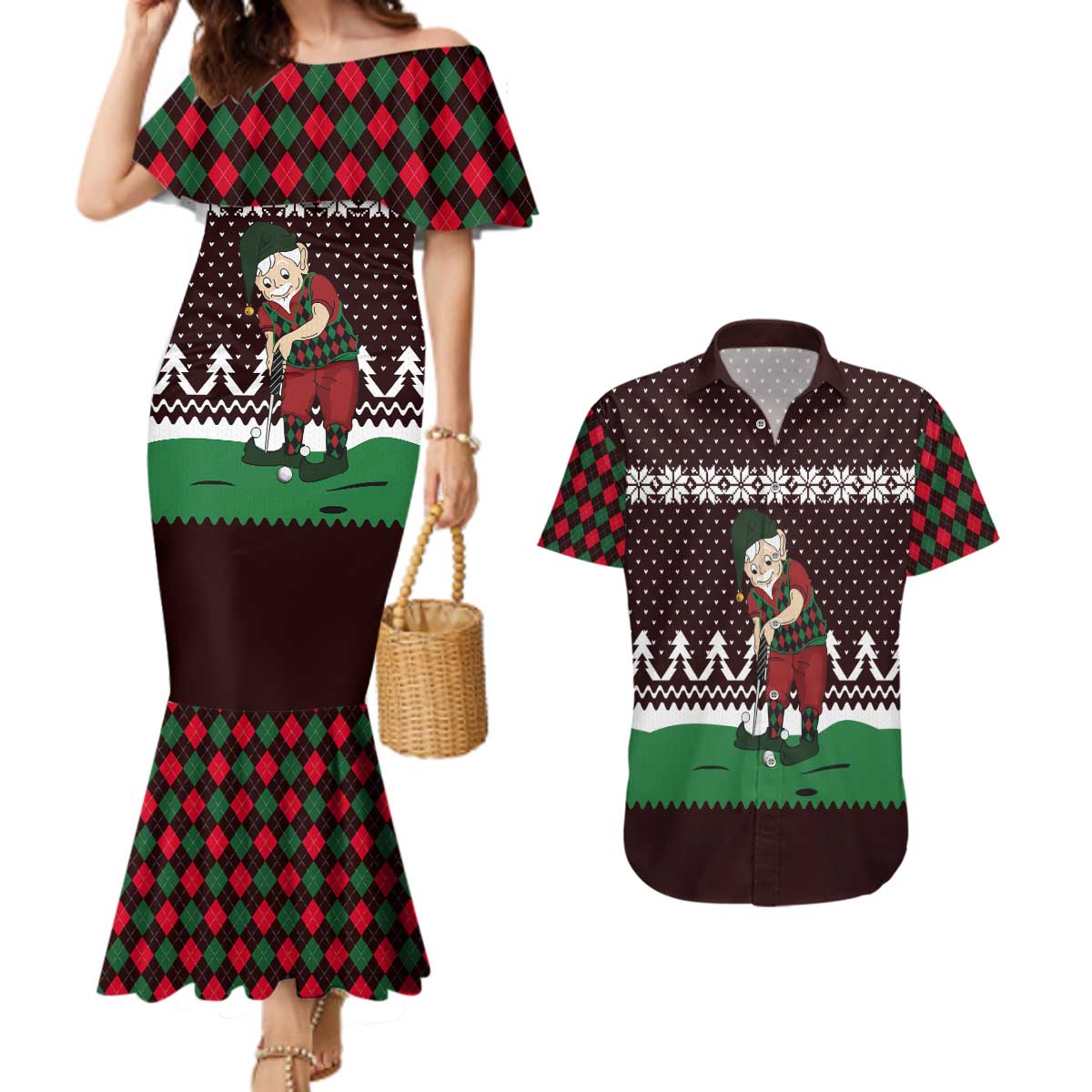 Christmas Golf Couples Matching Mermaid Dress and Hawaiian Shirt with Elf Golfer Argyle Plaid and Snowflake Pattern - Wonder Print Shop