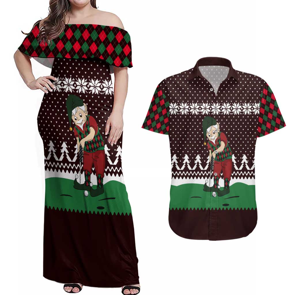Christmas Golf Couples Matching Off Shoulder Maxi Dress and Hawaiian Shirt with Elf Golfer Argyle Plaid and Snowflake Pattern - Wonder Print Shop