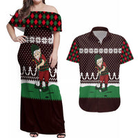 Christmas Golf Couples Matching Off Shoulder Maxi Dress and Hawaiian Shirt with Elf Golfer Argyle Plaid and Snowflake Pattern - Wonder Print Shop