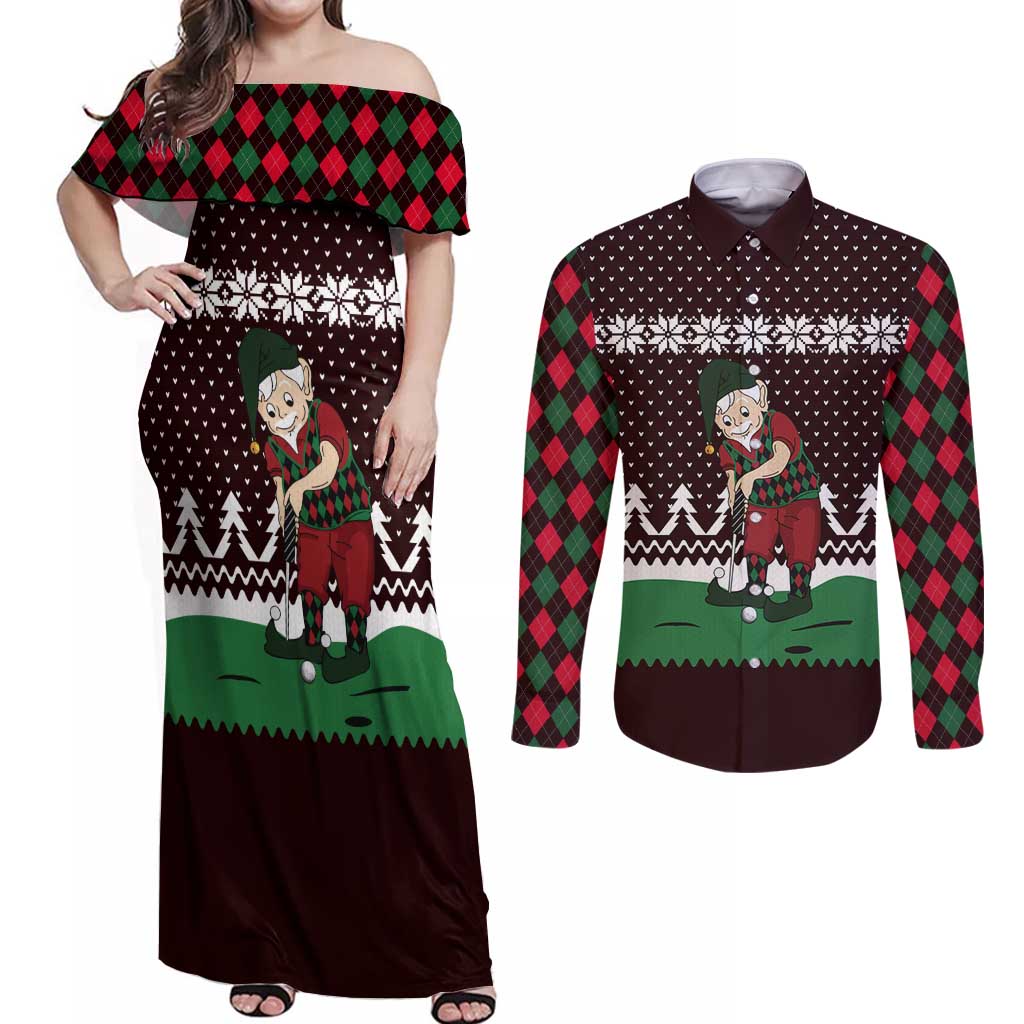 Christmas Golf Couples Matching Off Shoulder Maxi Dress and Long Sleeve Button Shirt with Elf Golfer Argyle Plaid and Snowflake Pattern - Wonder Print Shop