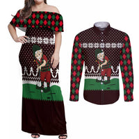 Christmas Golf Couples Matching Off Shoulder Maxi Dress and Long Sleeve Button Shirt with Elf Golfer Argyle Plaid and Snowflake Pattern - Wonder Print Shop