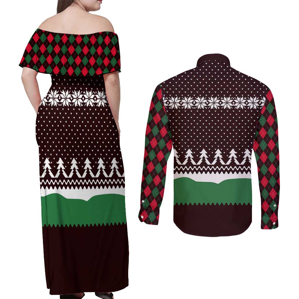 Christmas Golf Couples Matching Off Shoulder Maxi Dress and Long Sleeve Button Shirt with Elf Golfer Argyle Plaid and Snowflake Pattern - Wonder Print Shop