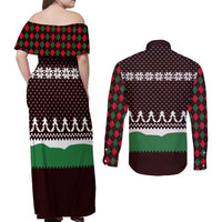Christmas Golf Couples Matching Off Shoulder Maxi Dress and Long Sleeve Button Shirt with Elf Golfer Argyle Plaid and Snowflake Pattern - Wonder Print Shop