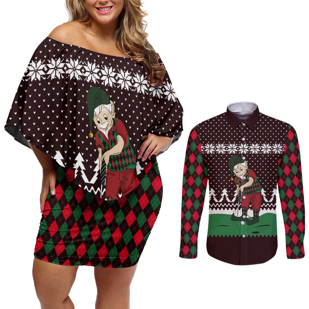 Christmas Golf Couples Matching Off Shoulder Short Dress and Long Sleeve Button Shirt with Elf Golfer Argyle Plaid and Snowflake Pattern - Wonder Print Shop