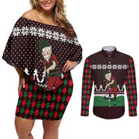 Christmas Golf Couples Matching Off Shoulder Short Dress and Long Sleeve Button Shirt with Elf Golfer Argyle Plaid and Snowflake Pattern - Wonder Print Shop