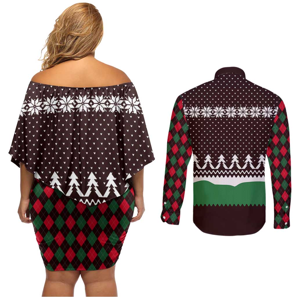 Christmas Golf Couples Matching Off Shoulder Short Dress and Long Sleeve Button Shirt with Elf Golfer Argyle Plaid and Snowflake Pattern - Wonder Print Shop
