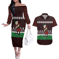 Christmas Golf Couples Matching Off The Shoulder Long Sleeve Dress and Hawaiian Shirt with Elf Golfer Argyle Plaid and Snowflake Pattern - Wonder Print Shop