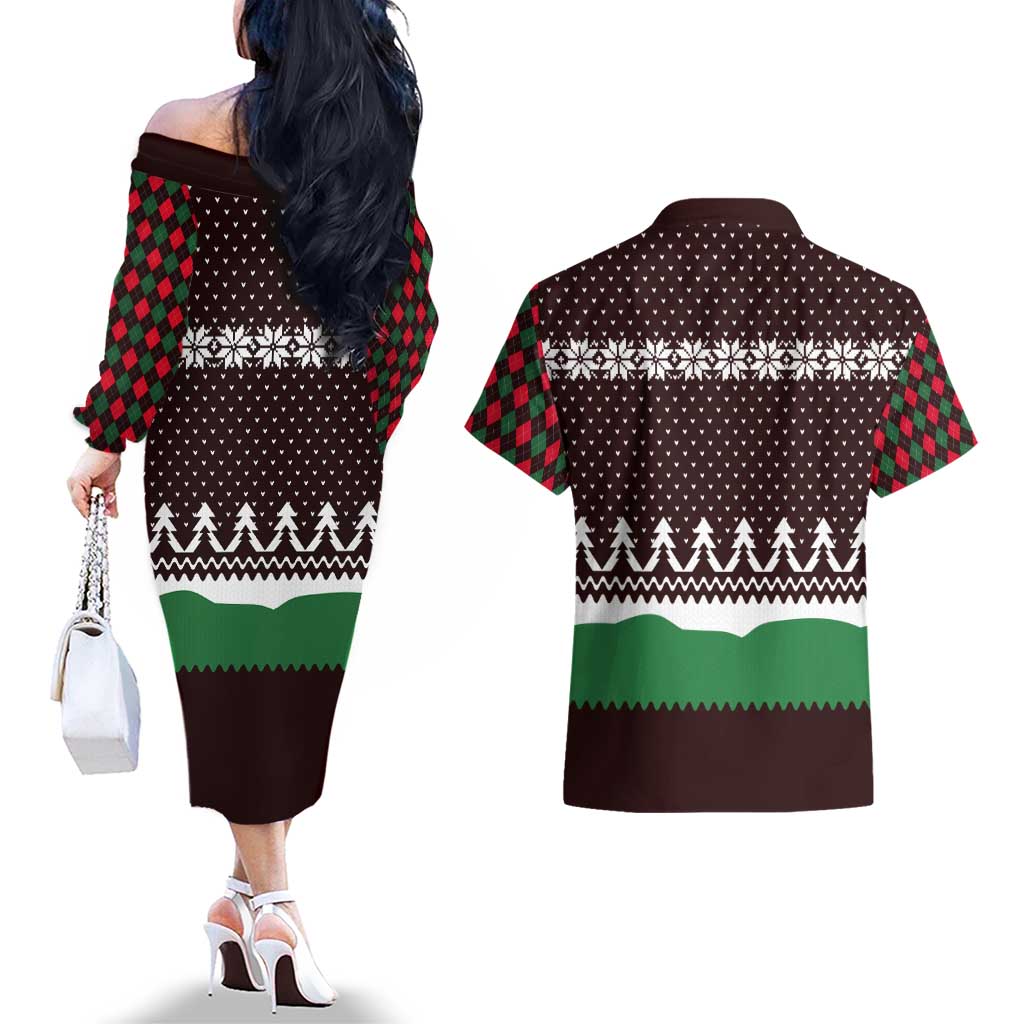 Christmas Golf Couples Matching Off The Shoulder Long Sleeve Dress and Hawaiian Shirt with Elf Golfer Argyle Plaid and Snowflake Pattern - Wonder Print Shop