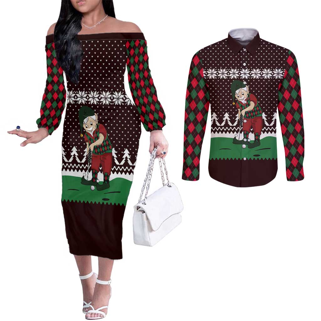 Christmas Golf Couples Matching Off The Shoulder Long Sleeve Dress and Long Sleeve Button Shirt with Elf Golfer Argyle Plaid and Snowflake Pattern - Wonder Print Shop