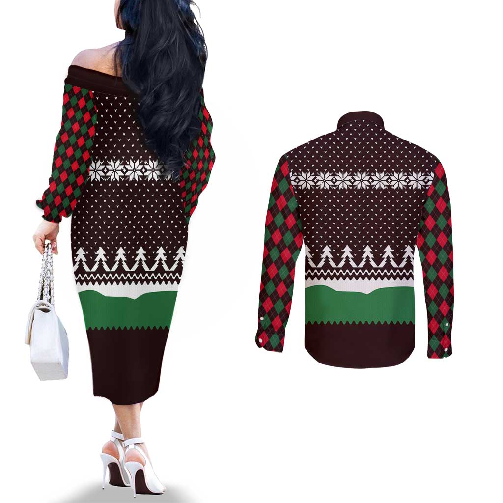 Christmas Golf Couples Matching Off The Shoulder Long Sleeve Dress and Long Sleeve Button Shirt with Elf Golfer Argyle Plaid and Snowflake Pattern - Wonder Print Shop
