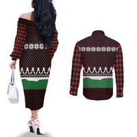 Christmas Golf Couples Matching Off The Shoulder Long Sleeve Dress and Long Sleeve Button Shirt with Elf Golfer Argyle Plaid and Snowflake Pattern - Wonder Print Shop