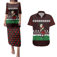 Christmas Golf Couples Matching Puletasi and Hawaiian Shirt with Elf Golfer Argyle Plaid and Snowflake Pattern - Wonder Print Shop