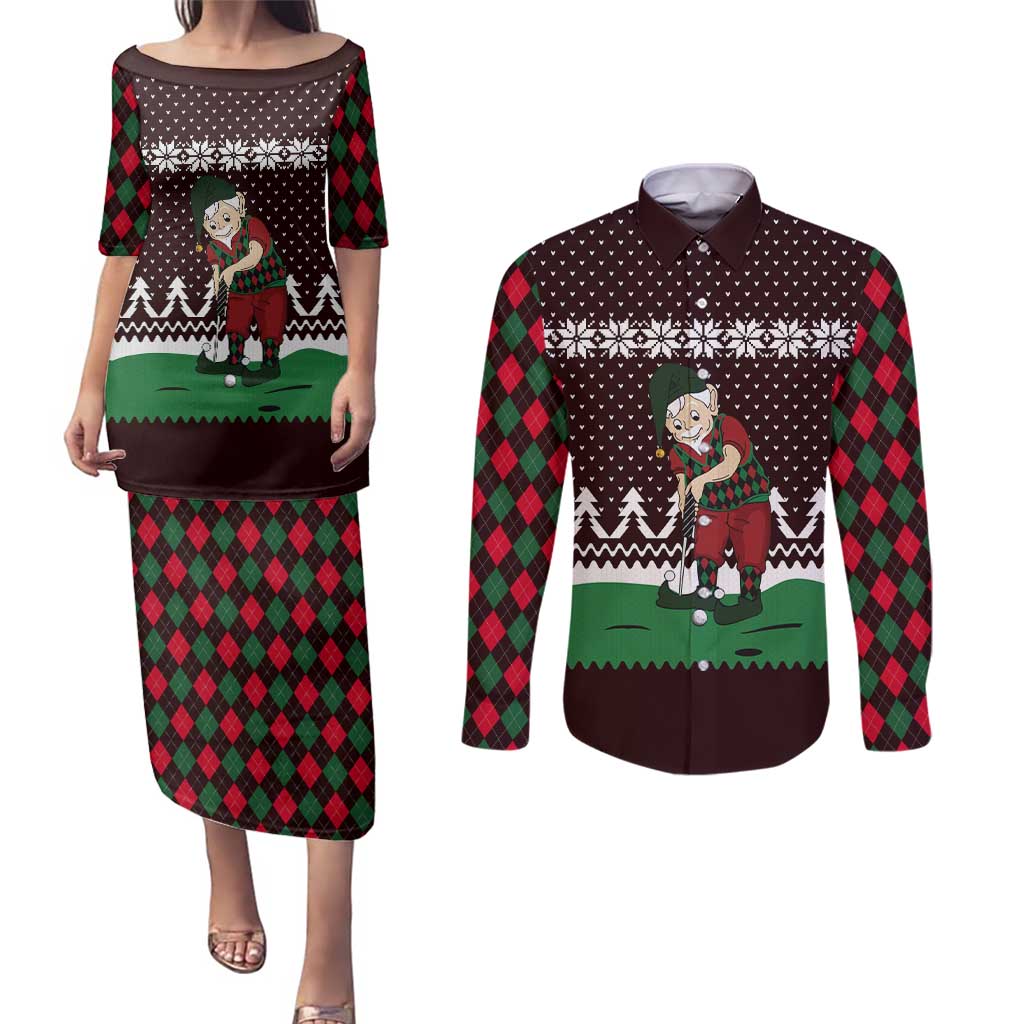 Christmas Golf Couples Matching Puletasi and Long Sleeve Button Shirt with Elf Golfer Argyle Plaid and Snowflake Pattern - Wonder Print Shop
