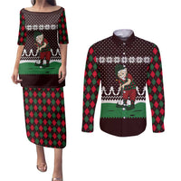 Christmas Golf Couples Matching Puletasi and Long Sleeve Button Shirt with Elf Golfer Argyle Plaid and Snowflake Pattern - Wonder Print Shop