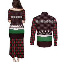 Christmas Golf Couples Matching Puletasi and Long Sleeve Button Shirt with Elf Golfer Argyle Plaid and Snowflake Pattern - Wonder Print Shop