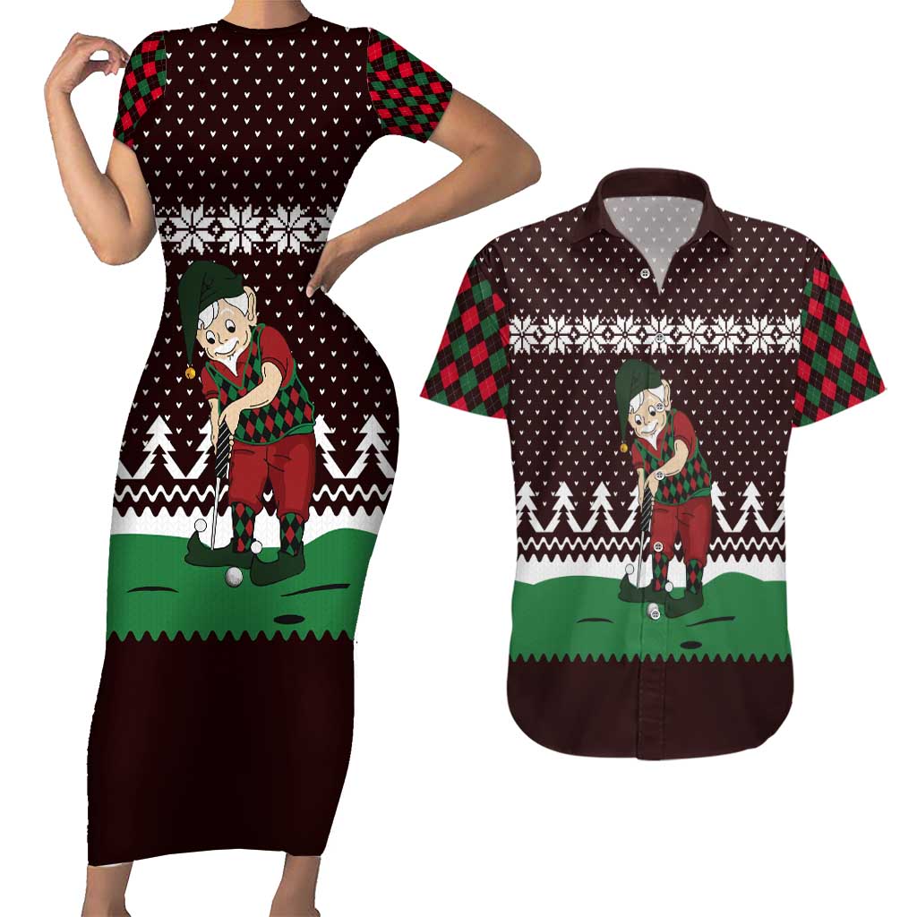 Christmas Golf Couples Matching Short Sleeve Bodycon Dress and Hawaiian Shirt with Elf Golfer Argyle Plaid and Snowflake Pattern - Wonder Print Shop