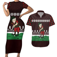 Christmas Golf Couples Matching Short Sleeve Bodycon Dress and Hawaiian Shirt with Elf Golfer Argyle Plaid and Snowflake Pattern - Wonder Print Shop