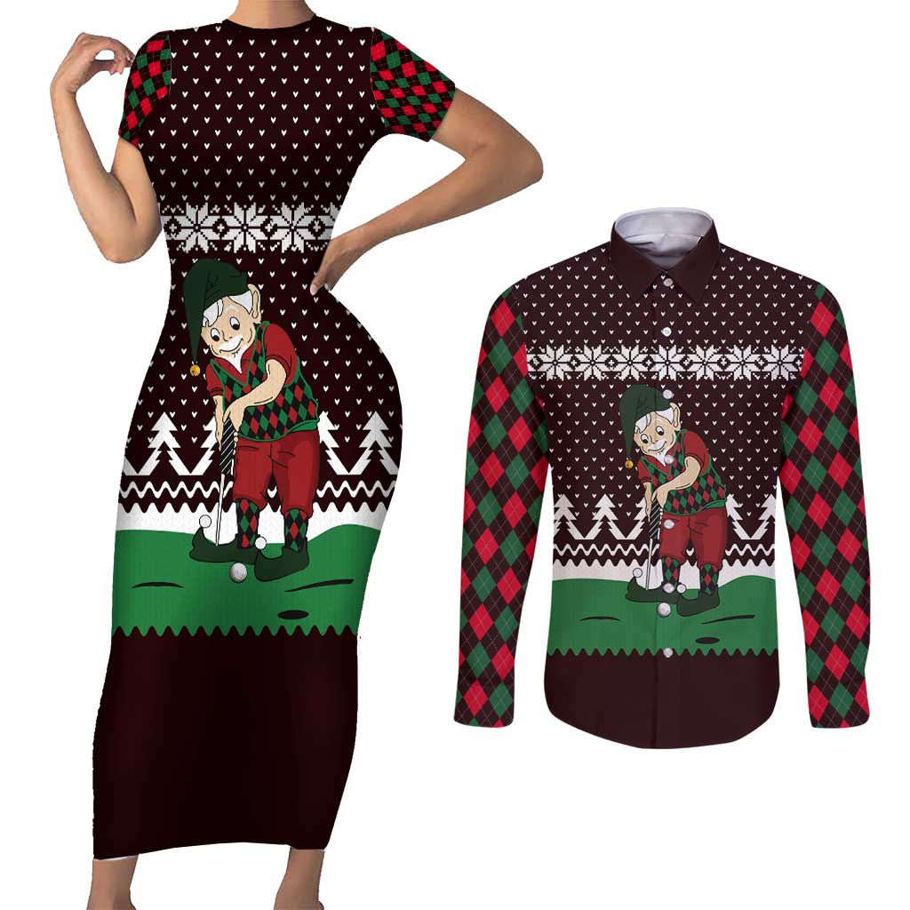 Christmas Golf Couples Matching Short Sleeve Bodycon Dress and Long Sleeve Button Shirt with Elf Golfer Argyle Plaid and Snowflake Pattern - Wonder Print Shop