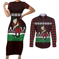 Christmas Golf Couples Matching Short Sleeve Bodycon Dress and Long Sleeve Button Shirt with Elf Golfer Argyle Plaid and Snowflake Pattern - Wonder Print Shop