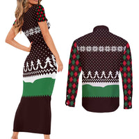Christmas Golf Couples Matching Short Sleeve Bodycon Dress and Long Sleeve Button Shirt with Elf Golfer Argyle Plaid and Snowflake Pattern - Wonder Print Shop