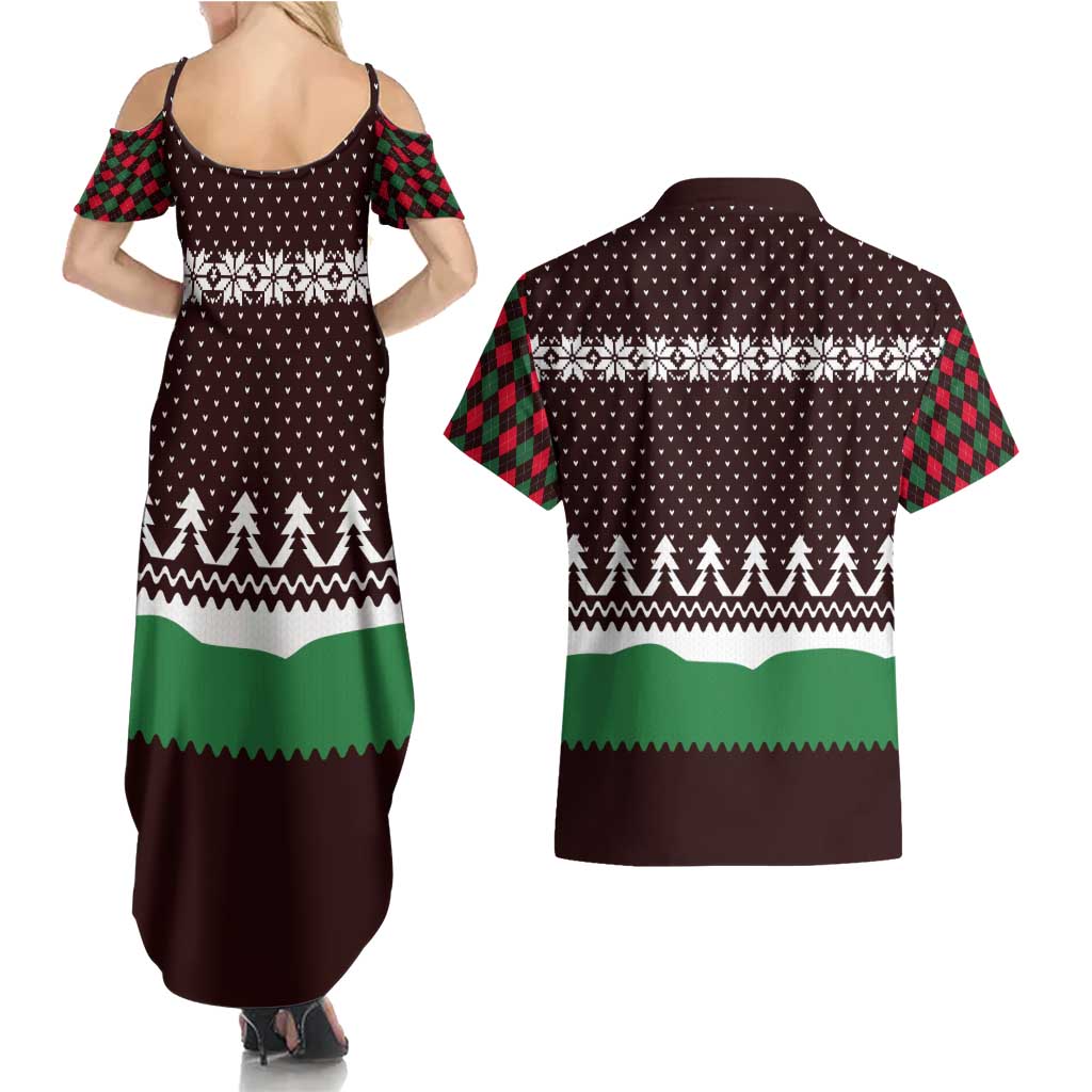 Christmas Golf Couples Matching Summer Maxi Dress and Hawaiian Shirt with Elf Golfer Argyle Plaid and Snowflake Pattern - Wonder Print Shop