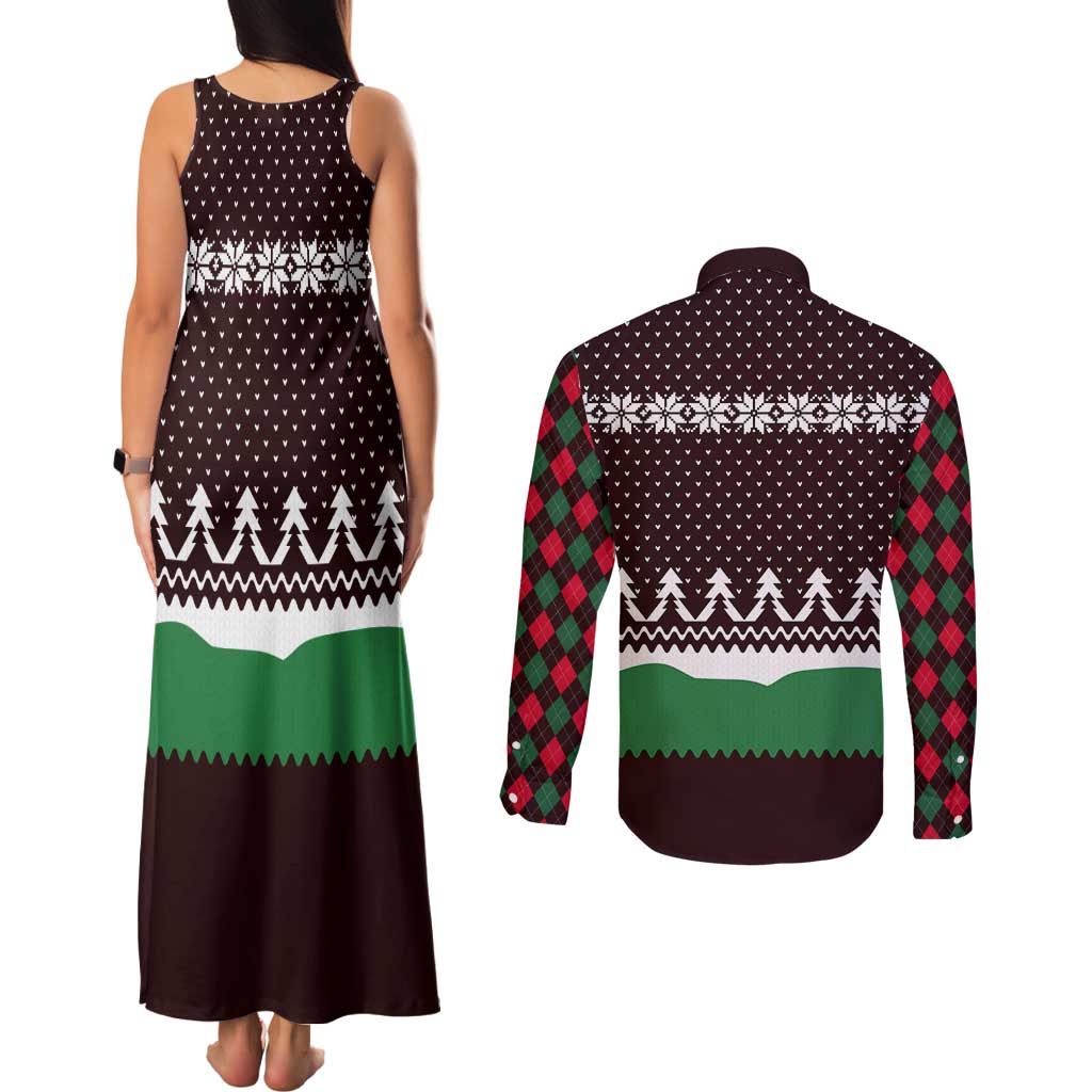 Christmas Golf Couples Matching Tank Maxi Dress and Long Sleeve Button Shirt with Elf Golfer Argyle Plaid and Snowflake Pattern - Wonder Print Shop