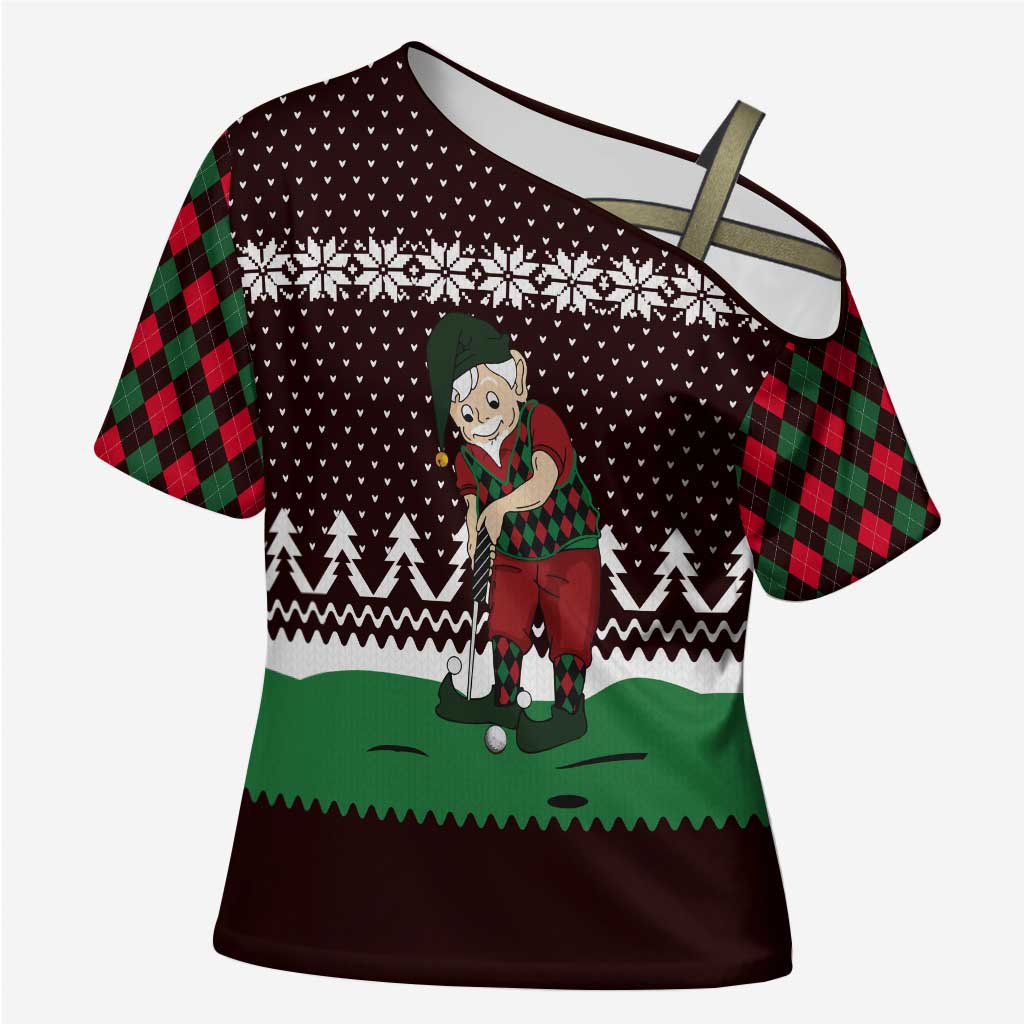 Christmas Golf Cross Shoulder Shirt with Elf Golfer Argyle Plaid and Snowflake Pattern - Wonder Print Shop