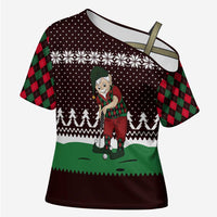Christmas Golf Cross Shoulder Shirt with Elf Golfer Argyle Plaid and Snowflake Pattern - Wonder Print Shop