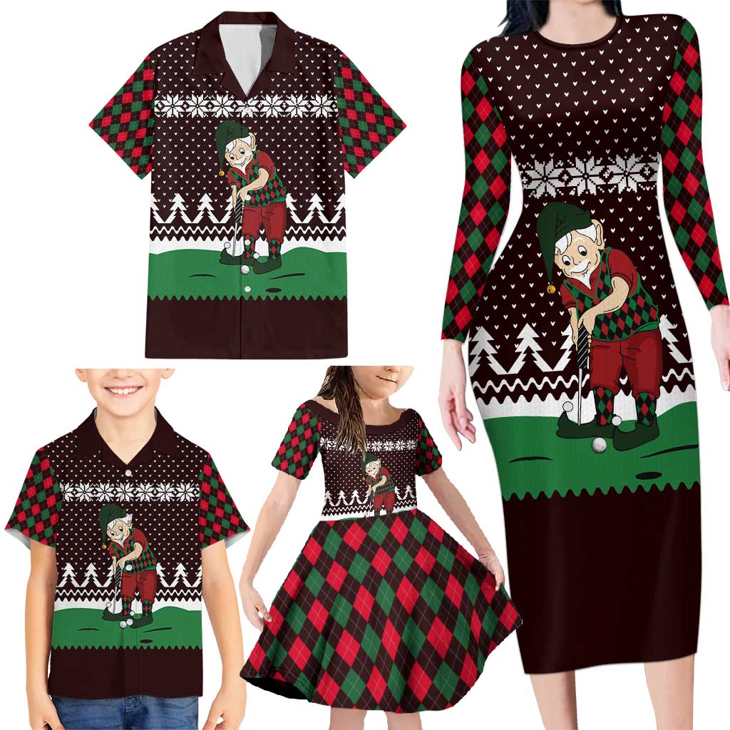 Christmas Golf Family Matching Long Sleeve Bodycon Dress and Hawaiian Shirt with Elf Golfer Argyle Plaid and Snowflake Pattern - Wonder Print Shop