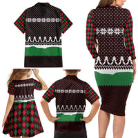 Christmas Golf Family Matching Long Sleeve Bodycon Dress and Hawaiian Shirt with Elf Golfer Argyle Plaid and Snowflake Pattern - Wonder Print Shop