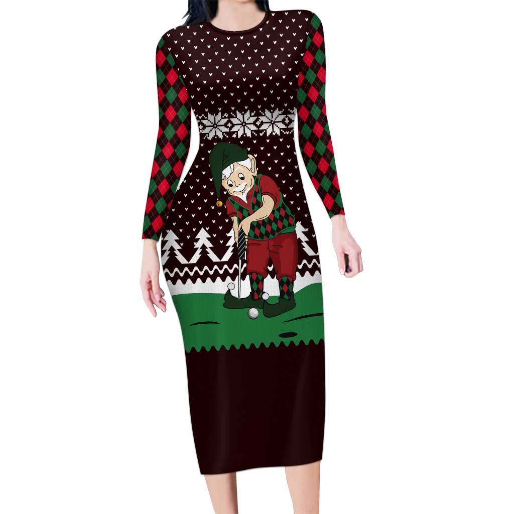 Christmas Golf Family Matching Long Sleeve Bodycon Dress and Hawaiian Shirt with Elf Golfer Argyle Plaid and Snowflake Pattern - Wonder Print Shop