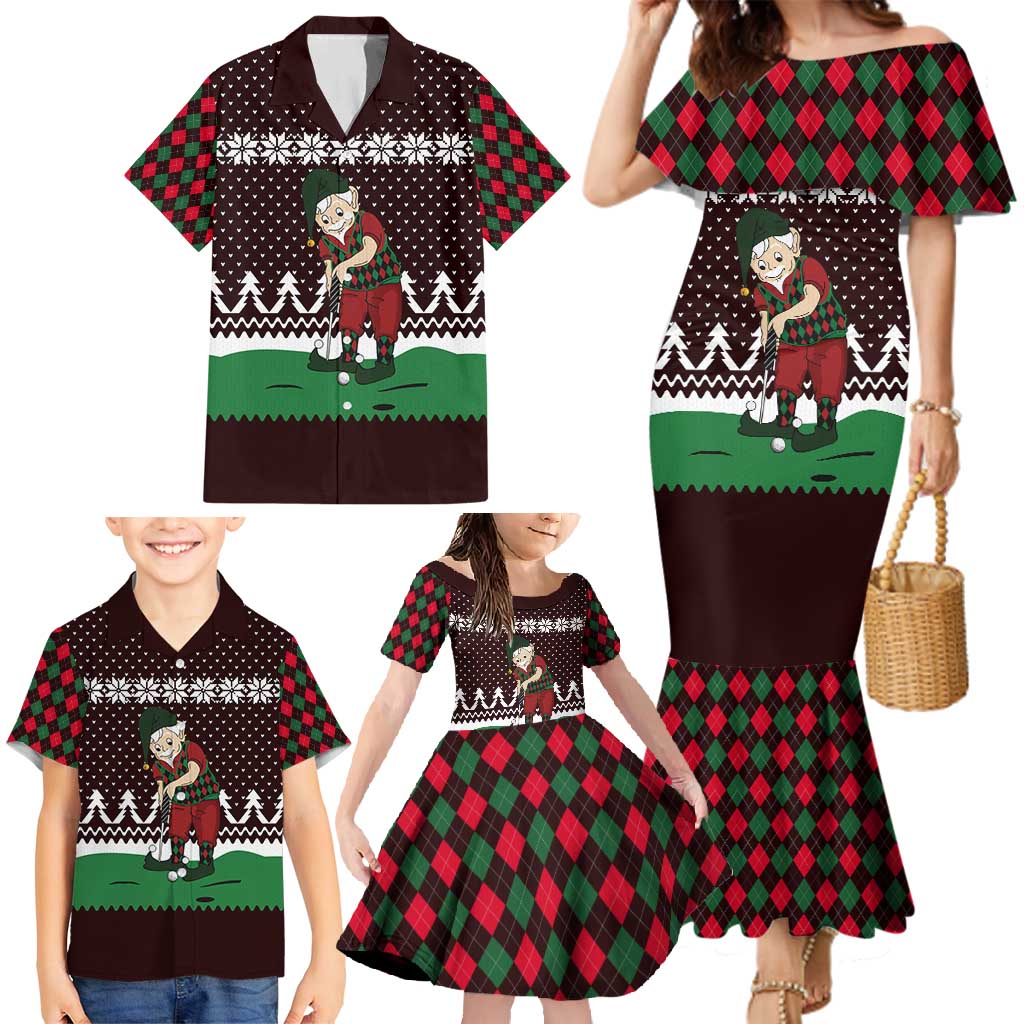 Christmas Golf Family Matching Mermaid Dress and Hawaiian Shirt with Elf Golfer Argyle Plaid and Snowflake Pattern - Wonder Print Shop