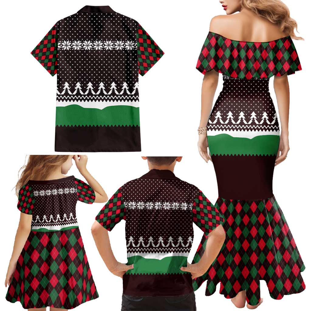 Christmas Golf Family Matching Mermaid Dress and Hawaiian Shirt with Elf Golfer Argyle Plaid and Snowflake Pattern - Wonder Print Shop