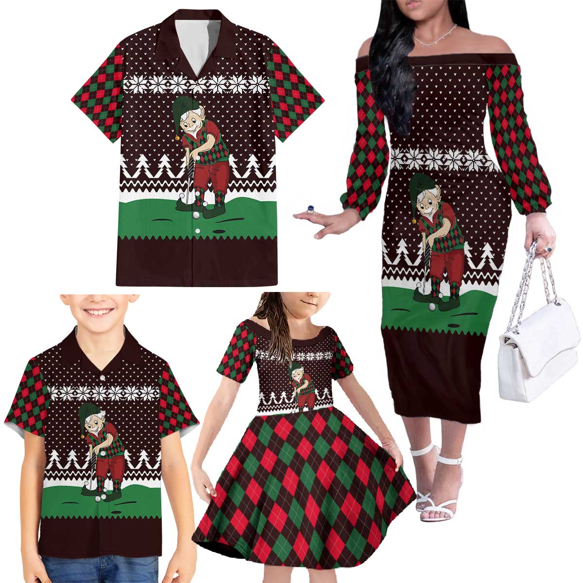 Christmas Golf Family Matching Off The Shoulder Long Sleeve Dress and Hawaiian Shirt with Elf Golfer Argyle Plaid and Snowflake Pattern - Wonder Print Shop