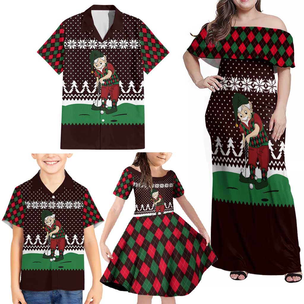 Christmas Golf Family Matching Off Shoulder Maxi Dress and Hawaiian Shirt with Elf Golfer Argyle Plaid and Snowflake Pattern - Wonder Print Shop