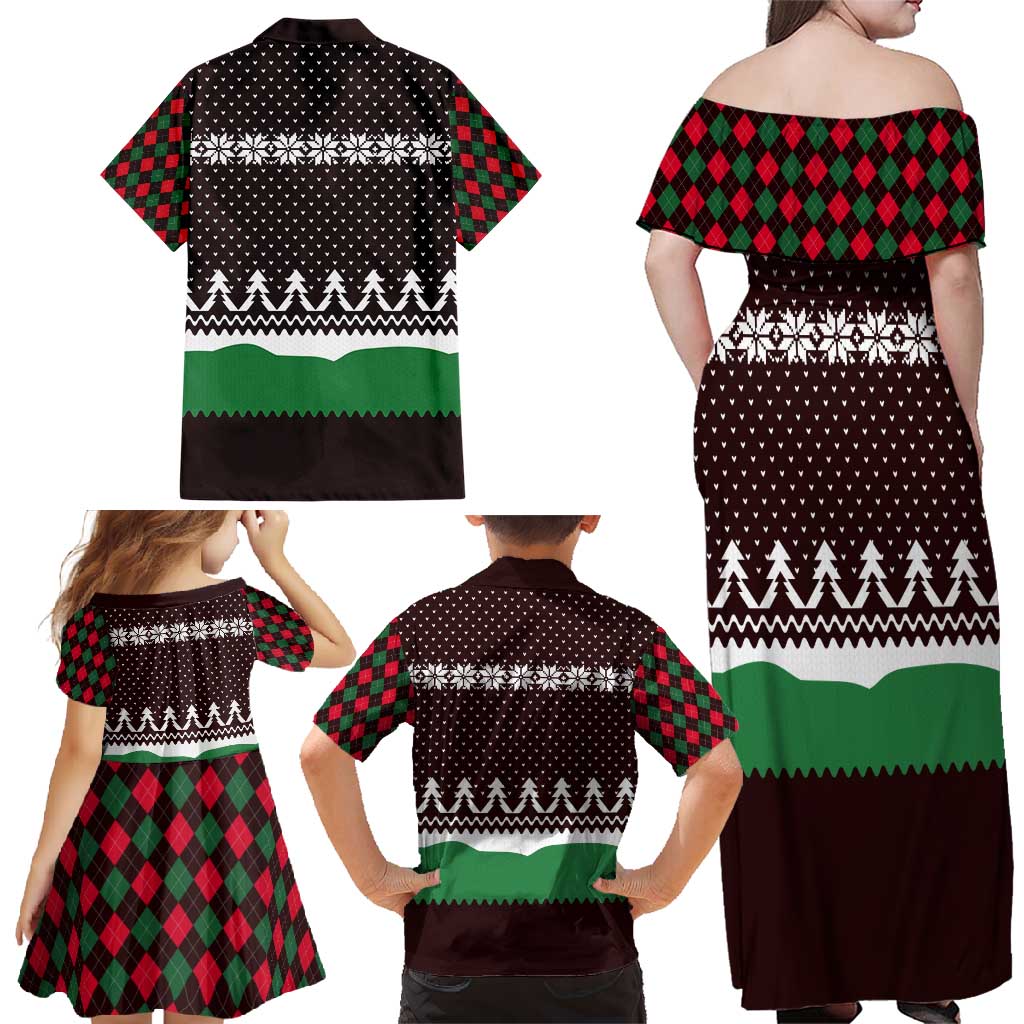 Christmas Golf Family Matching Off Shoulder Maxi Dress and Hawaiian Shirt with Elf Golfer Argyle Plaid and Snowflake Pattern - Wonder Print Shop