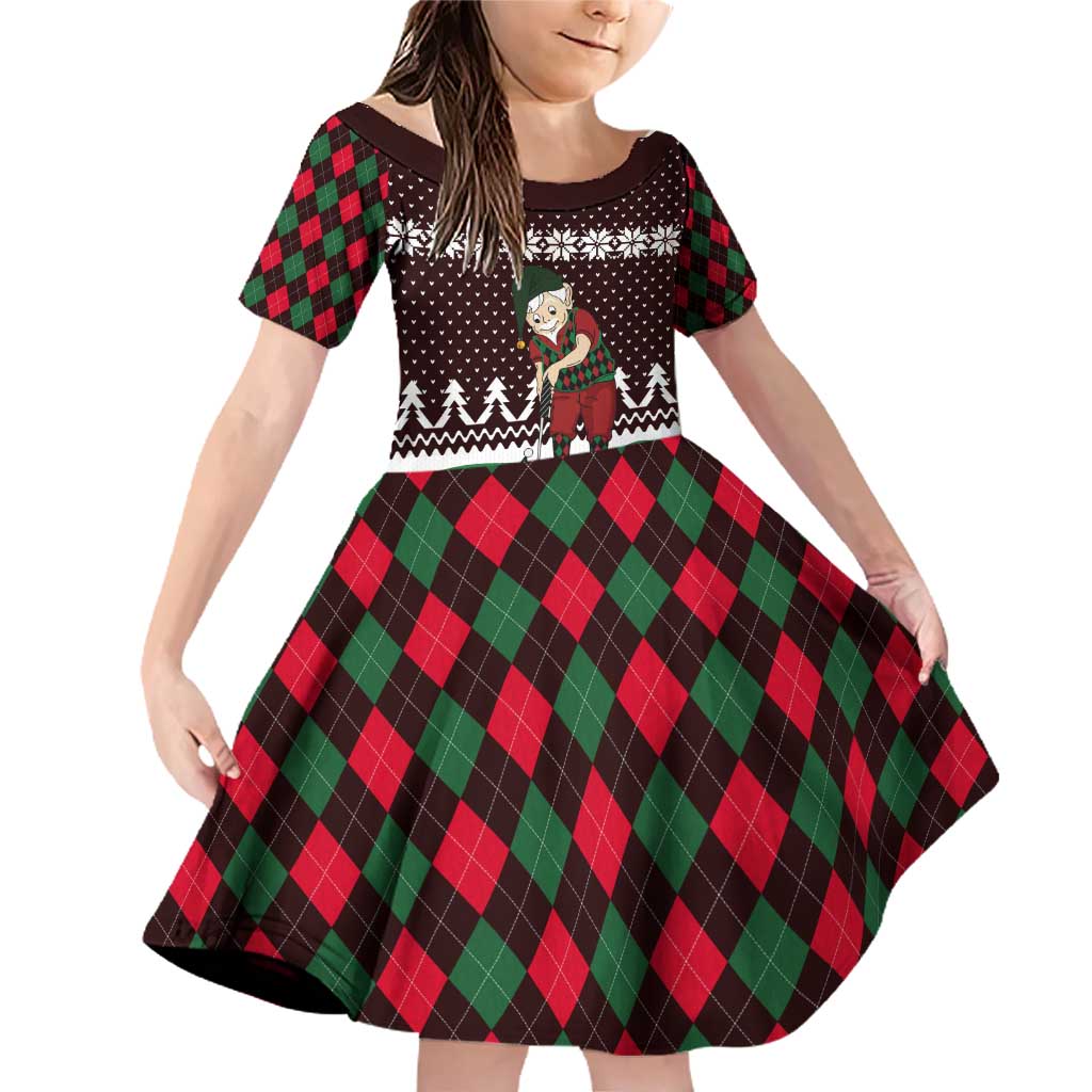 Christmas Golf Family Matching Off Shoulder Short Dress and Hawaiian Shirt with Elf Golfer Argyle Plaid and Snowflake Pattern - Wonder Print Shop