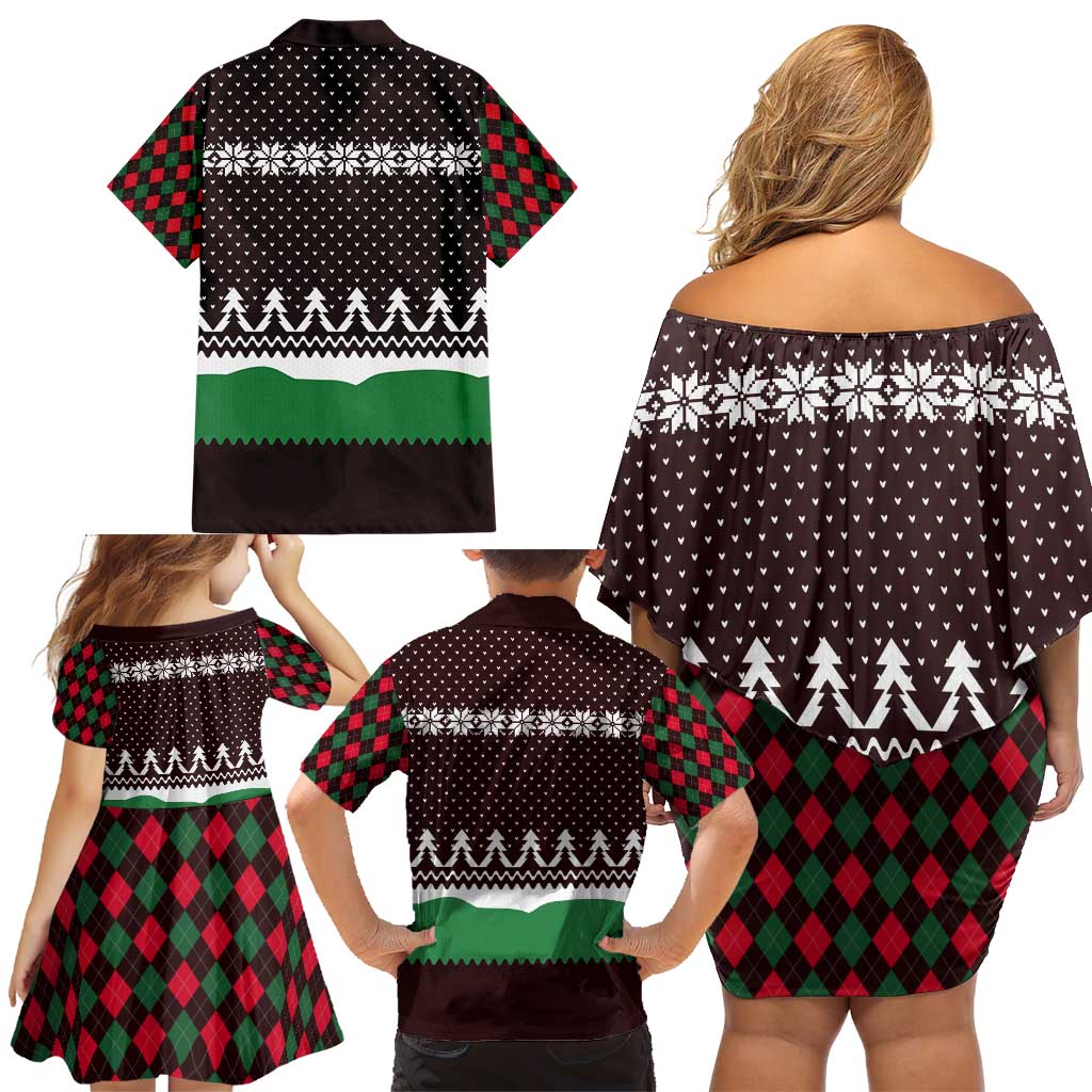 Christmas Golf Family Matching Off Shoulder Short Dress and Hawaiian Shirt with Elf Golfer Argyle Plaid and Snowflake Pattern - Wonder Print Shop