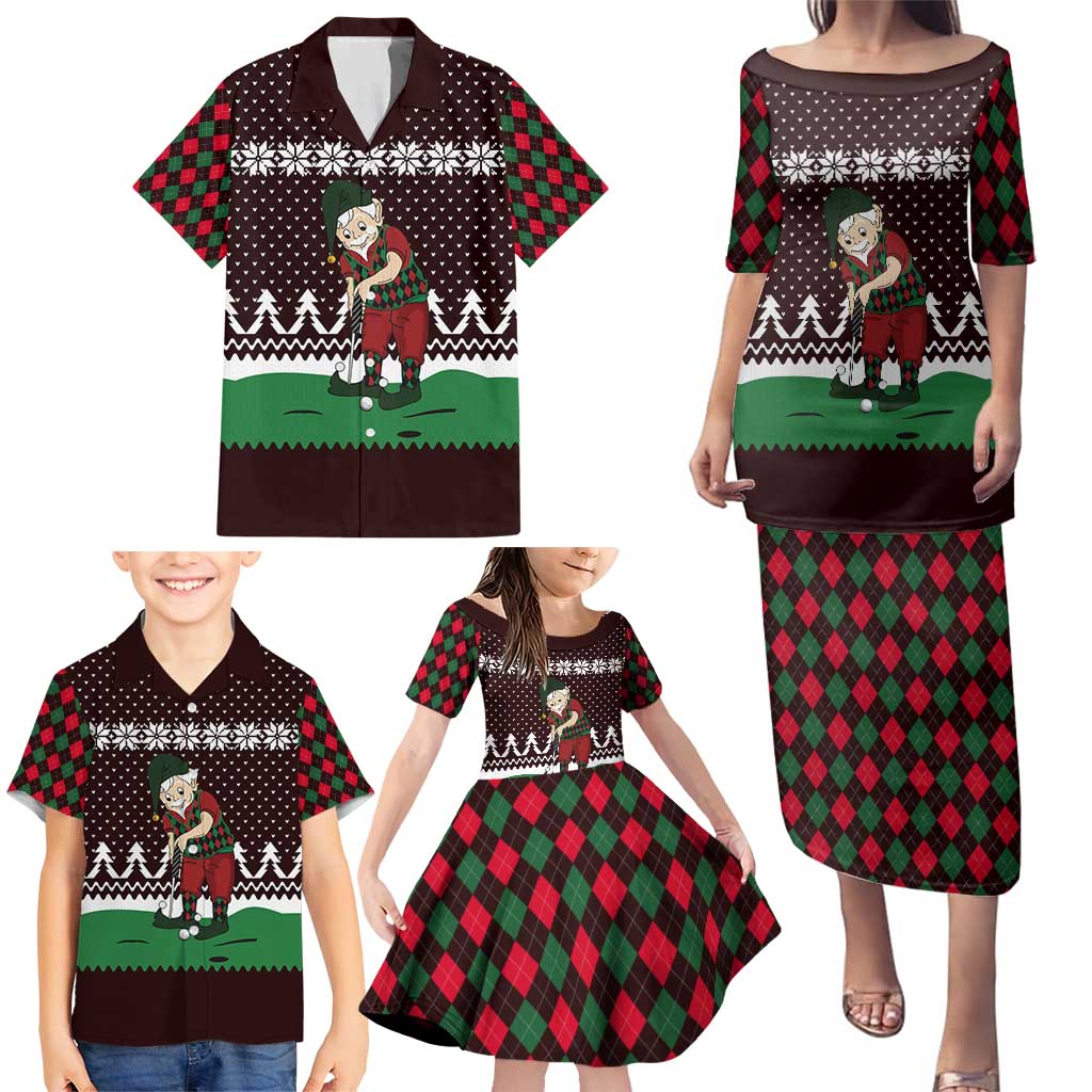 Christmas Golf Family Matching Puletasi and Hawaiian Shirt with Elf Golfer Argyle Plaid and Snowflake Pattern - Wonder Print Shop