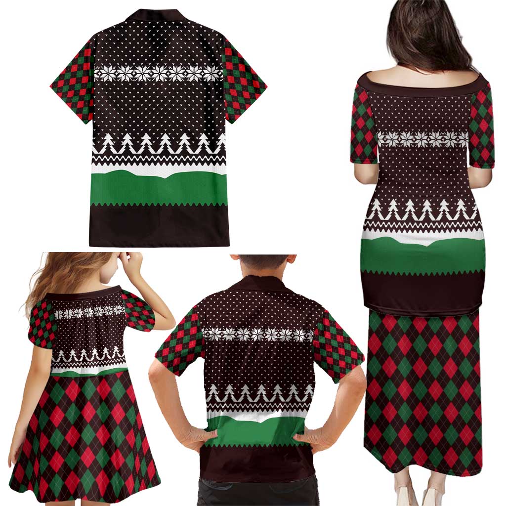 Christmas Golf Family Matching Puletasi and Hawaiian Shirt with Elf Golfer Argyle Plaid and Snowflake Pattern - Wonder Print Shop