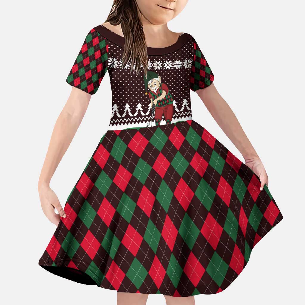 Christmas Golf Family Matching Short Sleeve Bodycon Dress and Hawaiian Shirt with Elf Golfer Argyle Plaid and Snowflake Pattern - Wonder Print Shop