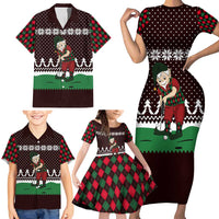 Christmas Golf Family Matching Short Sleeve Bodycon Dress and Hawaiian Shirt with Elf Golfer Argyle Plaid and Snowflake Pattern - Wonder Print Shop