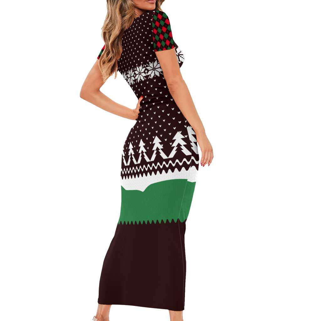 Christmas Golf Family Matching Short Sleeve Bodycon Dress and Hawaiian Shirt with Elf Golfer Argyle Plaid and Snowflake Pattern - Wonder Print Shop