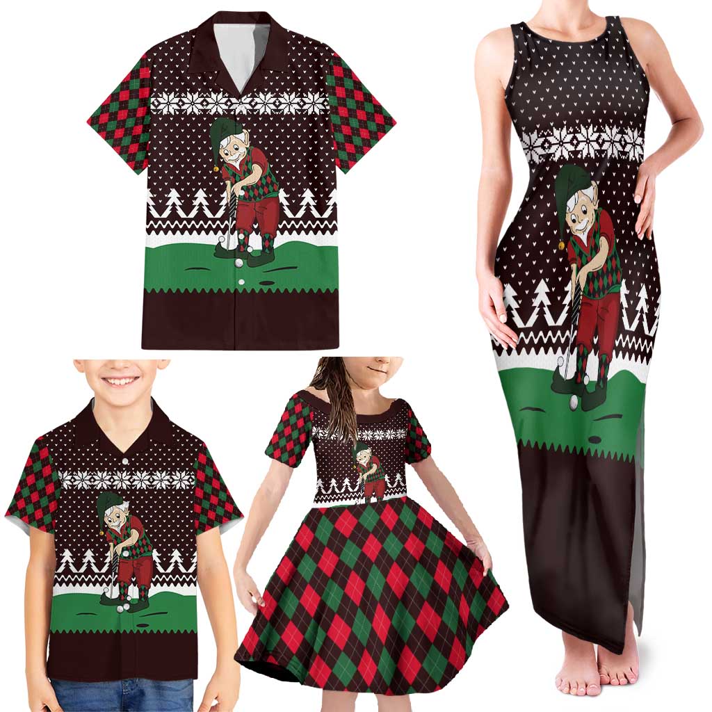 Christmas Golf Family Matching Tank Maxi Dress and Hawaiian Shirt with Elf Golfer Argyle Plaid and Snowflake Pattern - Wonder Print Shop