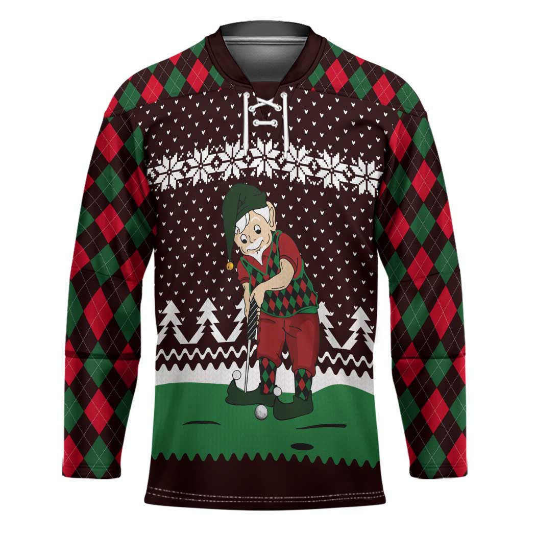 Christmas Golf Hockey Jersey with Elf Golfer Argyle Plaid and Snowflake Pattern - Wonder Print Shop