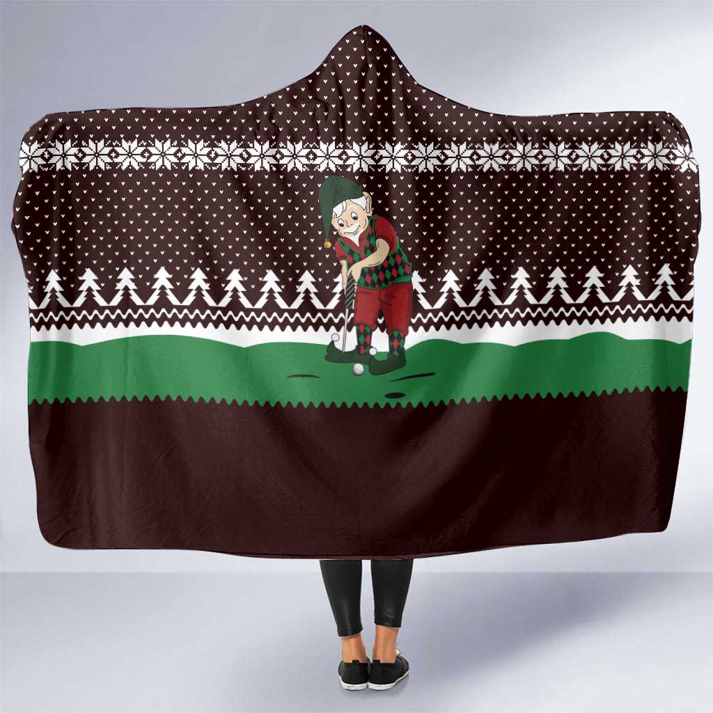 Christmas Golf Hooded Blanket with Elf Golfer Argyle Plaid and Snowflake Pattern - Wonder Print Shop