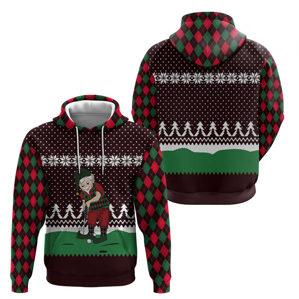 Christmas Golf Hoodie with Elf Golfer Argyle Plaid and Snowflake Pattern - Wonder Print Shop
