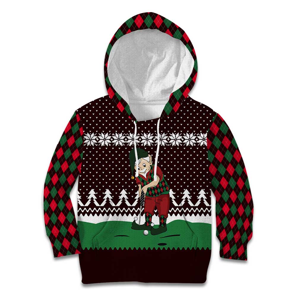 Christmas Golf Kid Hoodie with Elf Golfer Argyle Plaid and Snowflake Pattern - Wonder Print Shop